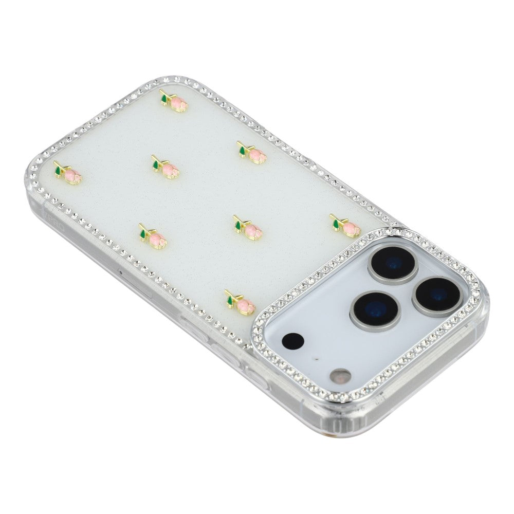 For iPhone 17 Pro Max Case Rhinestone Edge Small Tulips Decor TPU + PC IMD Phone Cover - Glitter White