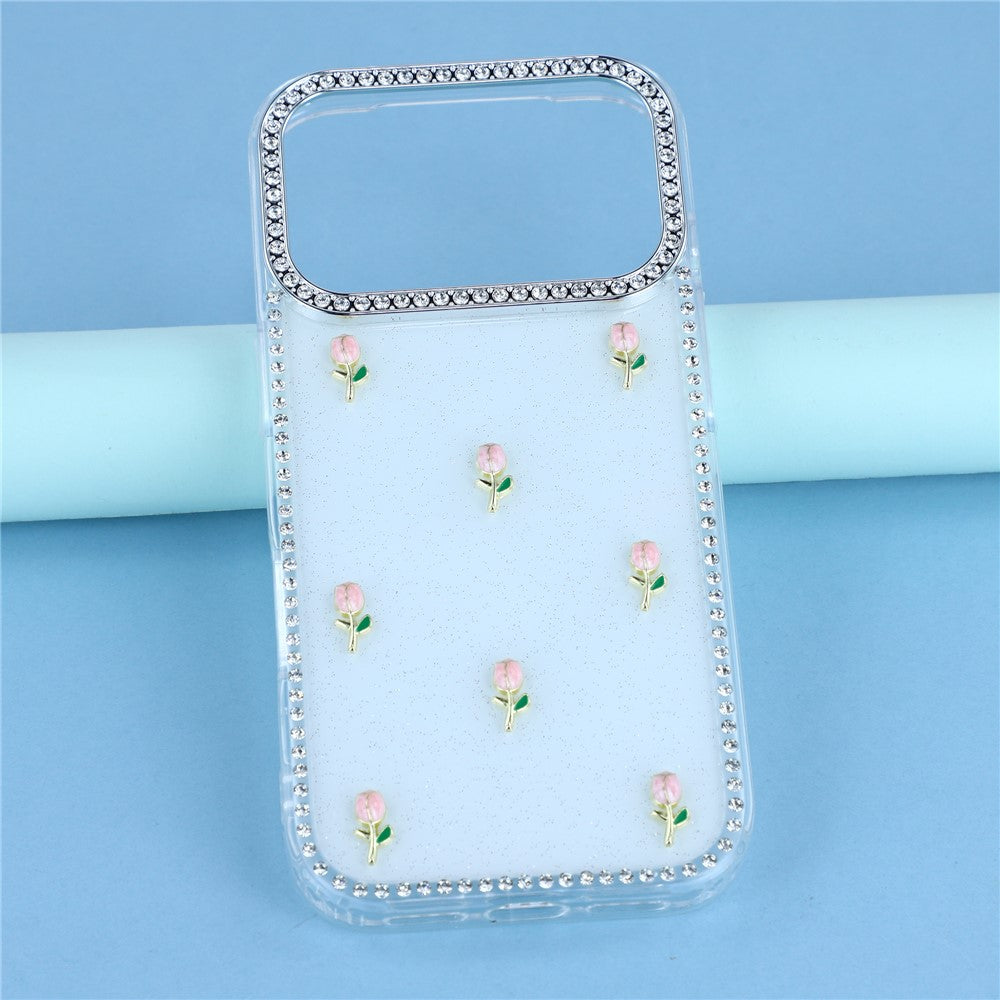 For iPhone 17 Pro Max Case Rhinestone Edge Small Tulips Decor TPU + PC IMD Phone Cover - Glitter White