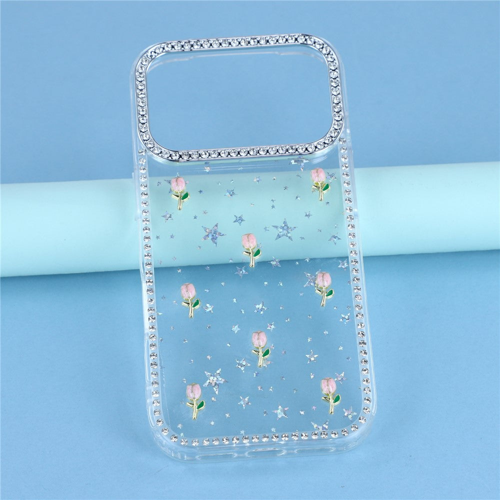For iPhone 17 Pro Max Case Rhinestone Edge Small Tulips Decor TPU + PC IMD Phone Cover - Starry Transparent