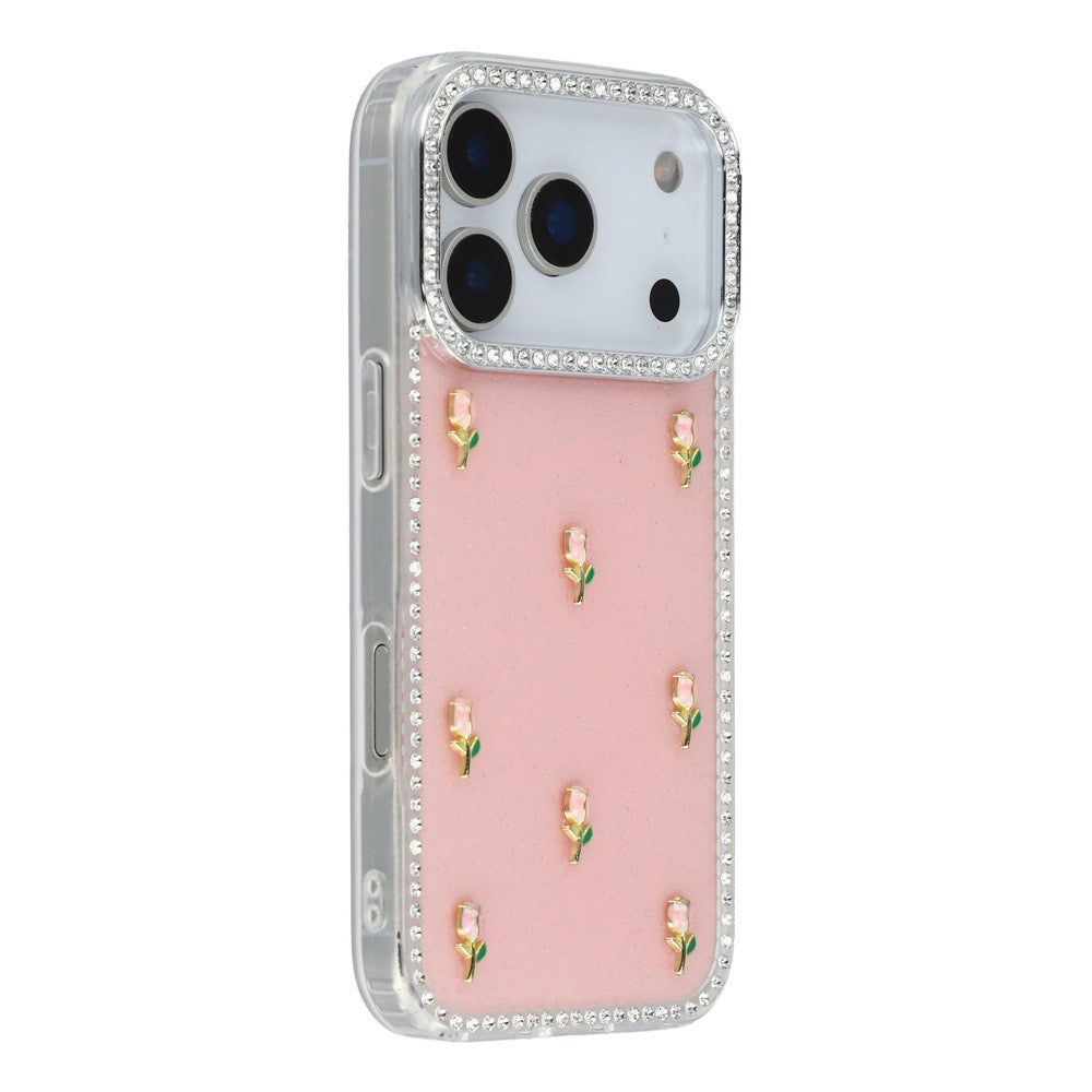 For iPhone 17 Pro Max Case Rhinestone Edge Small Tulips Decor TPU + PC IMD Phone Cover - Glitter Light Pink