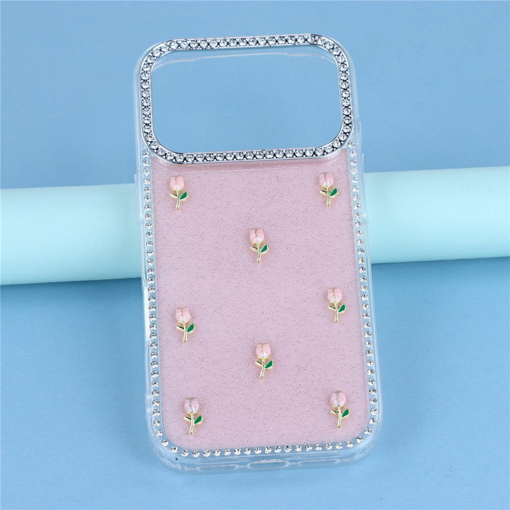 For iPhone 17 Pro Max Case Rhinestone Edge Small Tulips Decor TPU + PC IMD Phone Cover - Glitter Light Pink