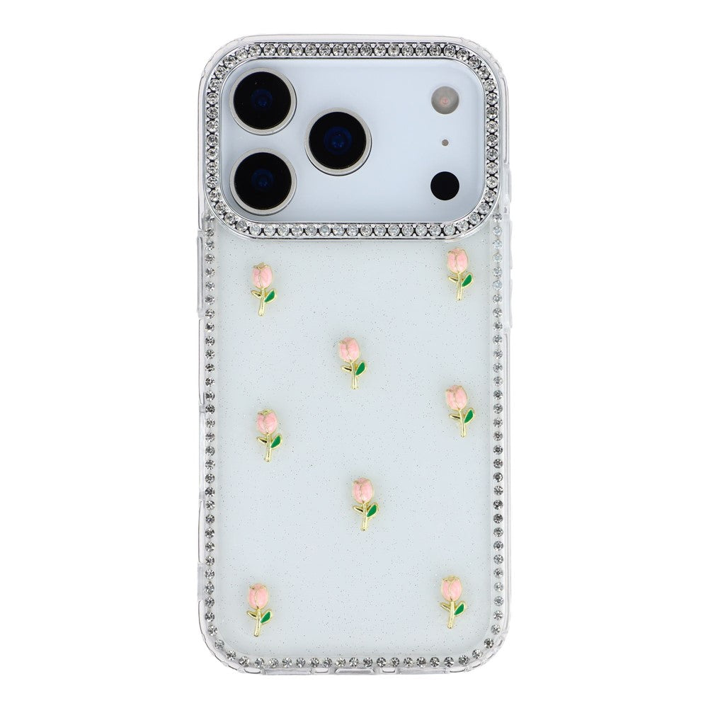 For iPhone 17 Pro Max Case Rhinestone Edge Small Tulips Decor TPU + PC IMD Phone Cover - Glitter Transparent
