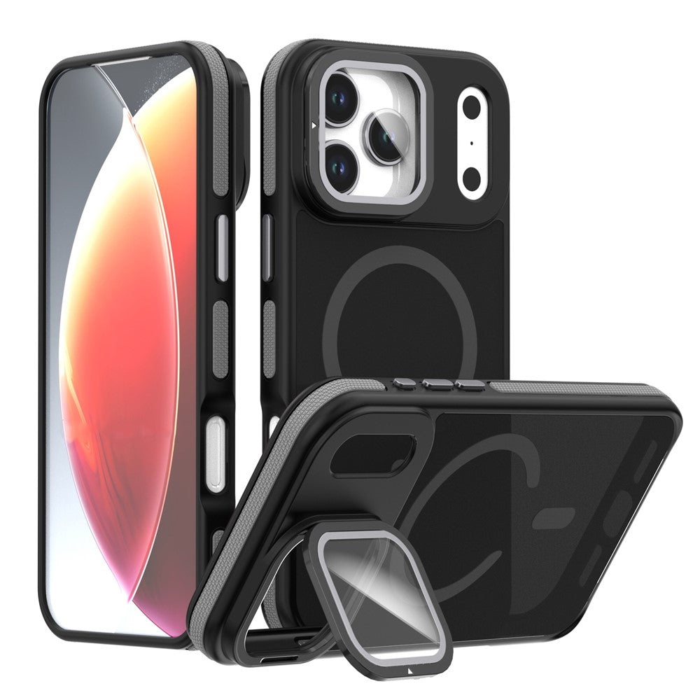 For iPhone 17 Pro Max Magnetic Case Skin-Touch TPU Acrylic Phone Back Cover with Lens Protector Kickstand - Grey