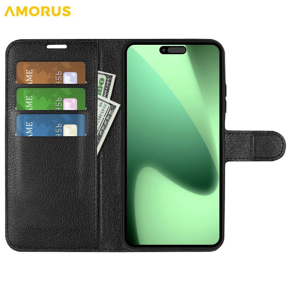 AMORUS For iPhone 17 Pro Max Wallet Case Litchi Texture Shockproof Leather Flip Stand Phone Cover - Black