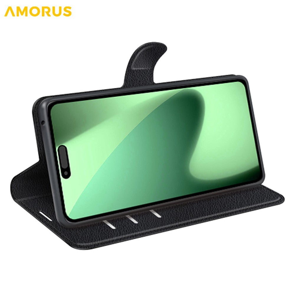 AMORUS For iPhone 17 Pro Max Wallet Case Litchi Texture Shockproof Leather Flip Stand Phone Cover - Black