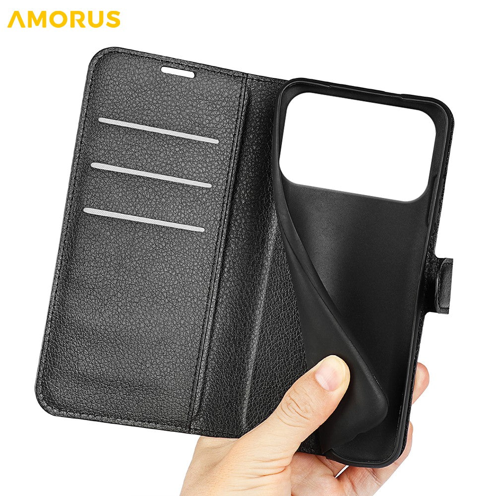 AMORUS For iPhone 17 Pro Max Wallet Case Litchi Texture Shockproof Leather Flip Stand Phone Cover - Black