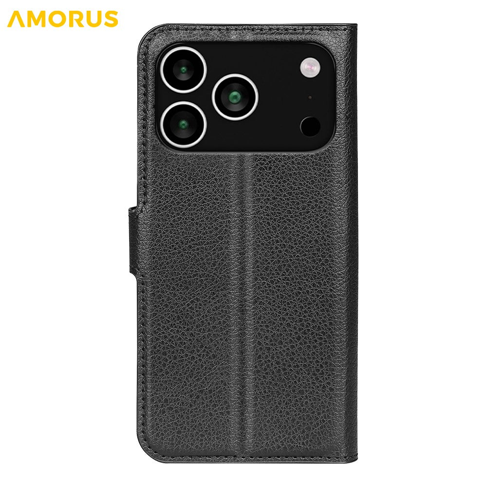 AMORUS For iPhone 17 Pro Max Wallet Case Litchi Texture Shockproof Leather Flip Stand Phone Cover - Black