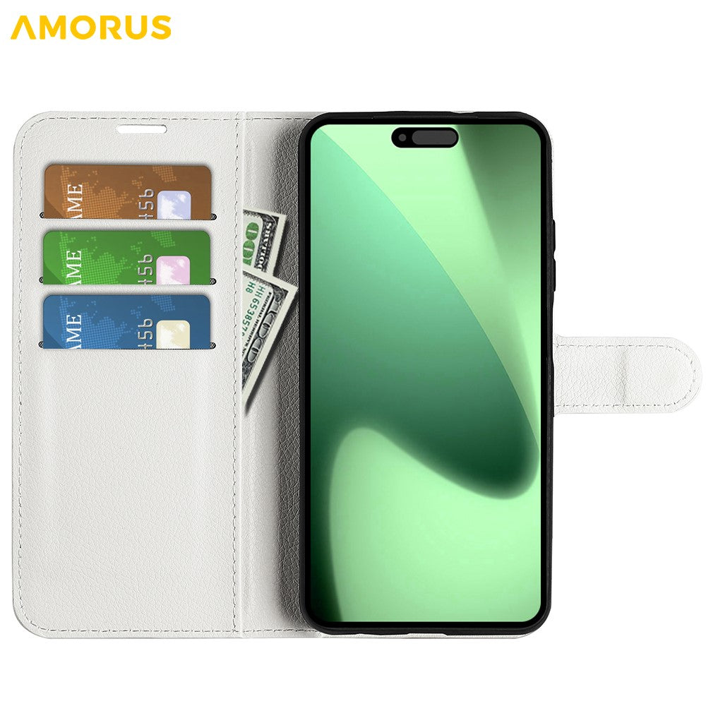 AMORUS For iPhone 17 Pro Max Wallet Case Litchi Texture Shockproof Leather Flip Stand Phone Cover - White