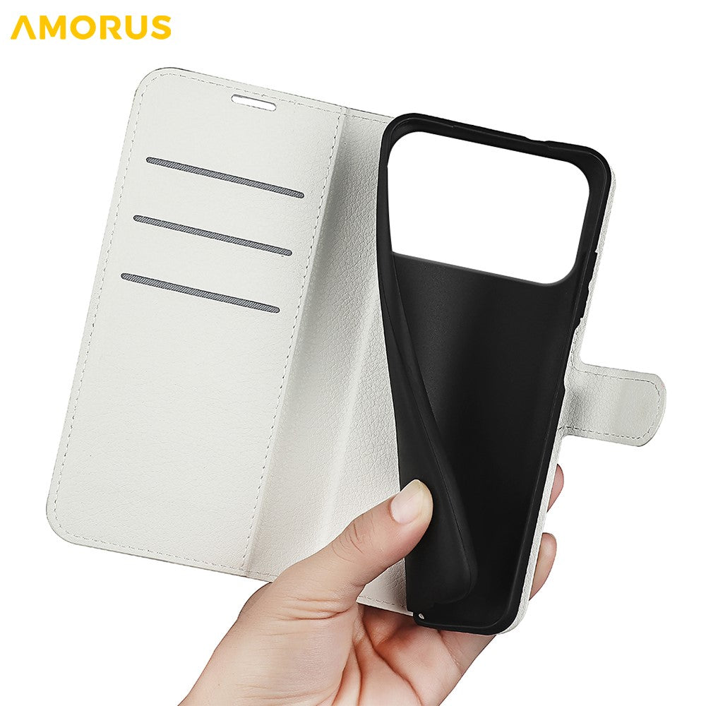 AMORUS For iPhone 17 Pro Max Wallet Case Litchi Texture Shockproof Leather Flip Stand Phone Cover - White