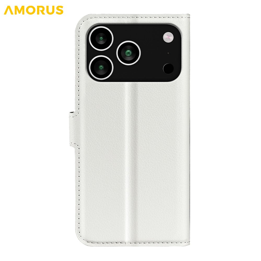 AMORUS For iPhone 17 Pro Max Wallet Case Litchi Texture Shockproof Leather Flip Stand Phone Cover - White