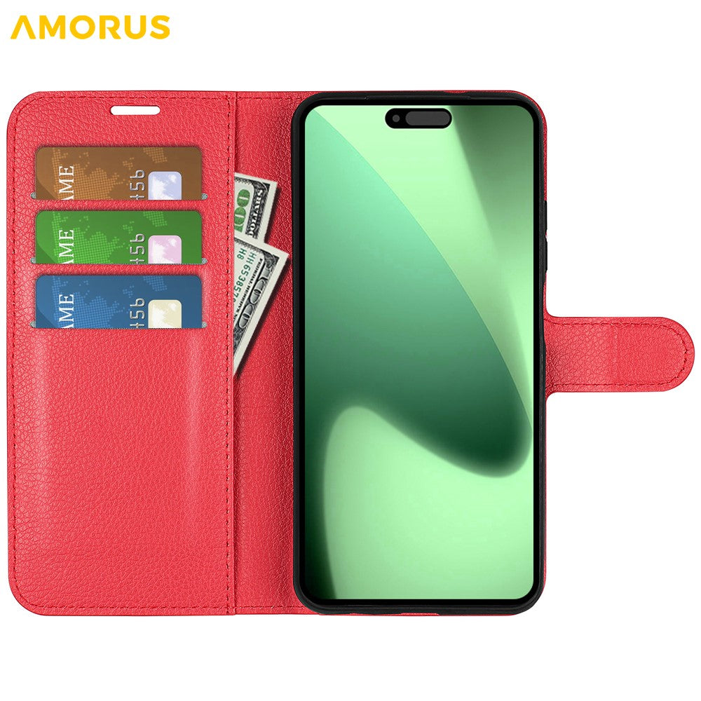 AMORUS For iPhone 17 Pro Max Wallet Case Litchi Texture Shockproof Leather Flip Stand Phone Cover - Red