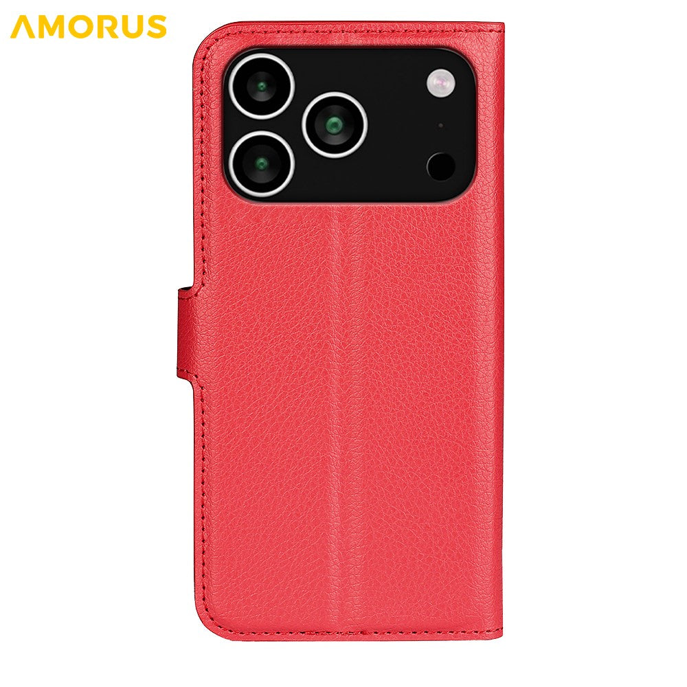 AMORUS For iPhone 17 Pro Max Wallet Case Litchi Texture Shockproof Leather Flip Stand Phone Cover - Red