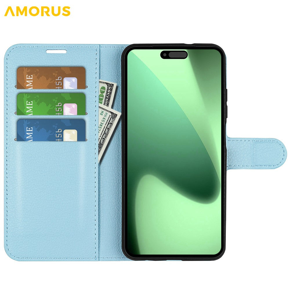 AMORUS For iPhone 17 Pro Max Wallet Case Litchi Texture Shockproof Leather Flip Stand Phone Cover - Blue