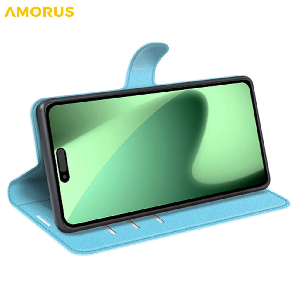 AMORUS For iPhone 17 Pro Max Wallet Case Litchi Texture Shockproof Leather Flip Stand Phone Cover - Blue
