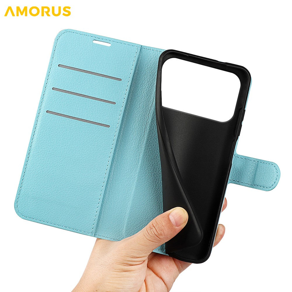 AMORUS For iPhone 17 Pro Max Wallet Case Litchi Texture Shockproof Leather Flip Stand Phone Cover - Blue