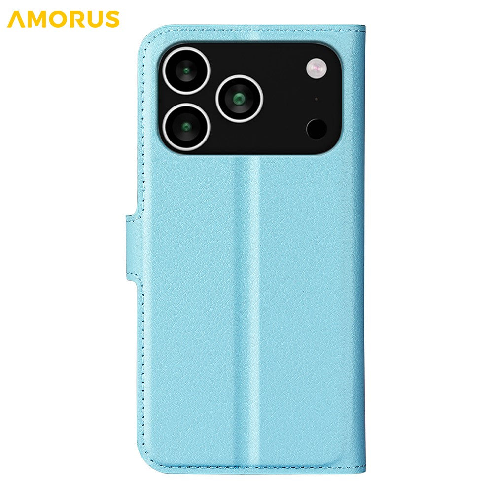 AMORUS For iPhone 17 Pro Max Wallet Case Litchi Texture Shockproof Leather Flip Stand Phone Cover - Blue