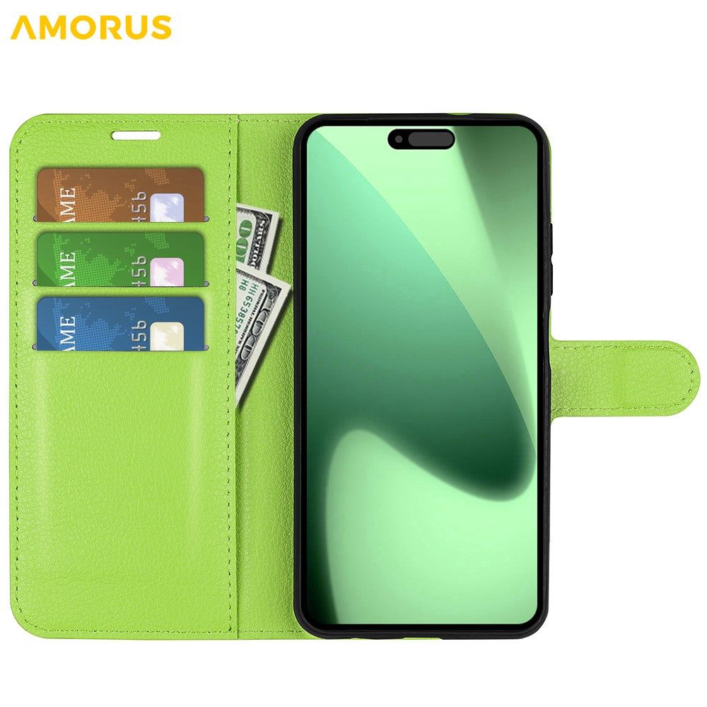 AMORUS For iPhone 17 Pro Max Wallet Case Litchi Texture Shockproof Leather Flip Stand Phone Cover - Green