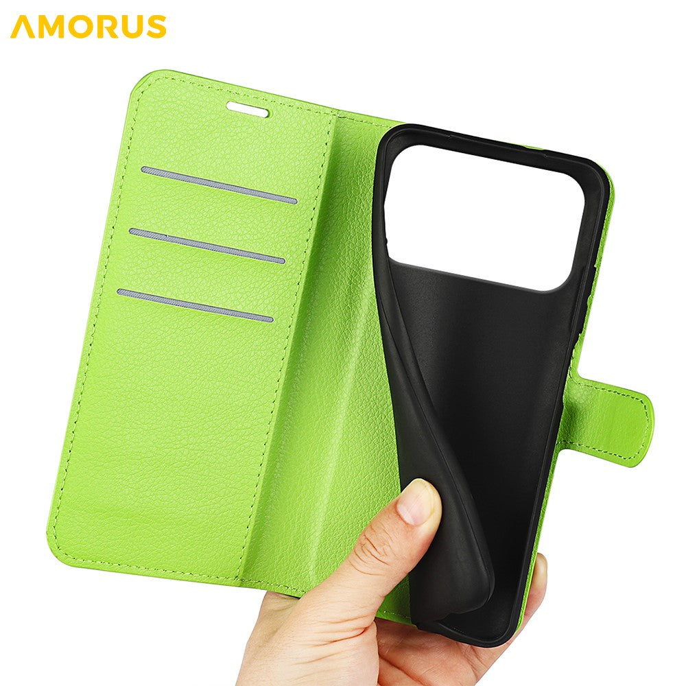 AMORUS For iPhone 17 Pro Max Wallet Case Litchi Texture Shockproof Leather Flip Stand Phone Cover - Green