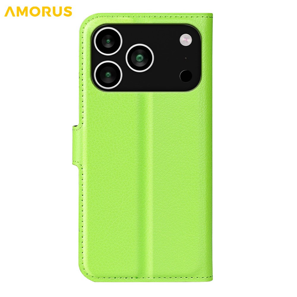 AMORUS For iPhone 17 Pro Max Wallet Case Litchi Texture Shockproof Leather Flip Stand Phone Cover - Green