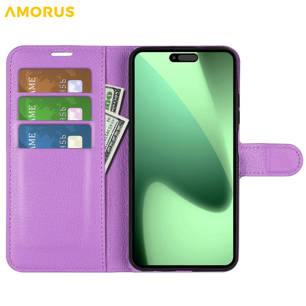 AMORUS For iPhone 17 Pro Max Wallet Case Litchi Texture Shockproof Leather Flip Stand Phone Cover - Purple