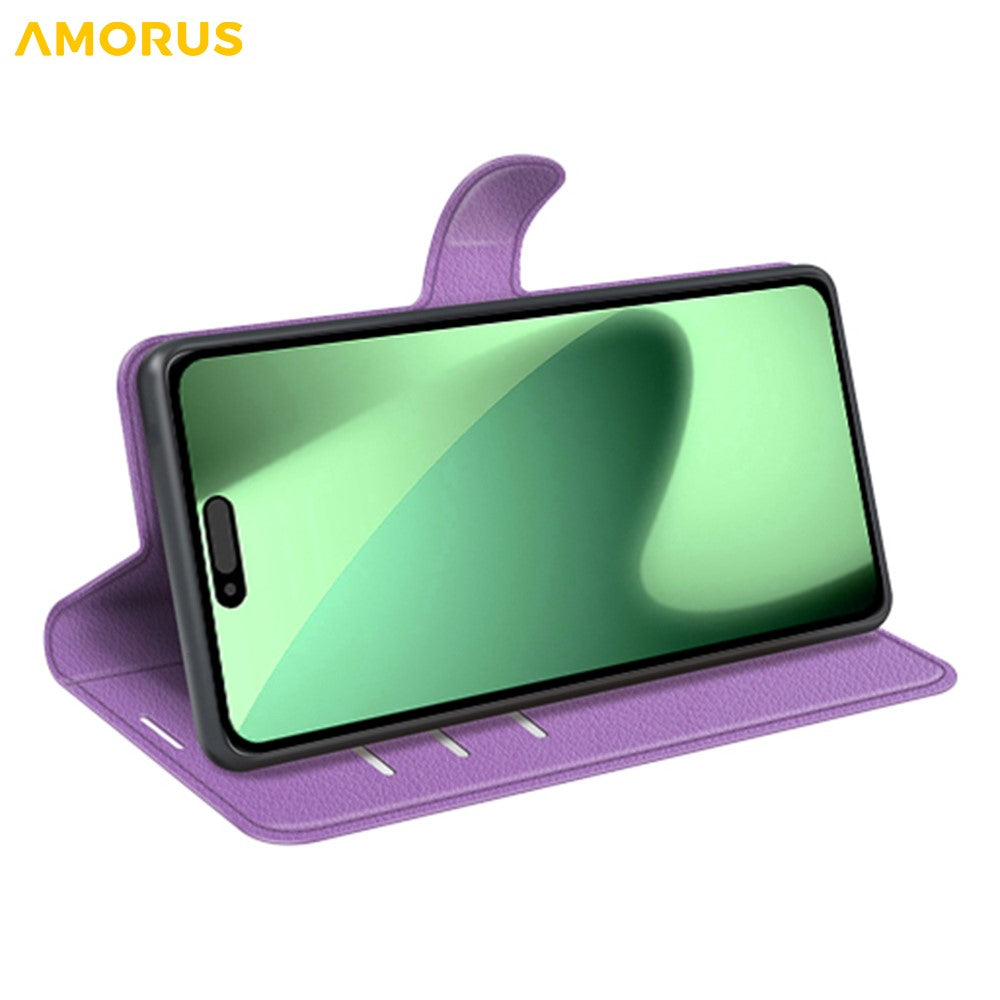 AMORUS For iPhone 17 Pro Max Wallet Case Litchi Texture Shockproof Leather Flip Stand Phone Cover - Purple