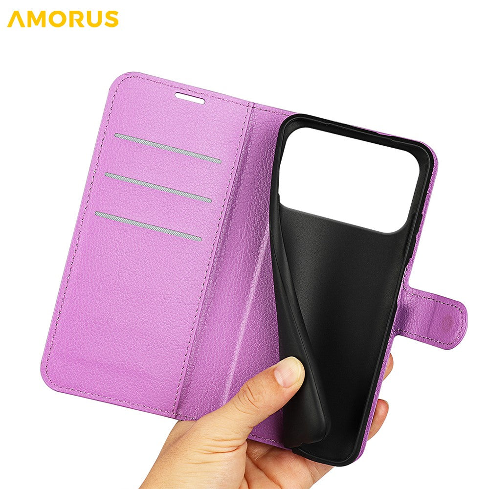 AMORUS For iPhone 17 Pro Max Wallet Case Litchi Texture Shockproof Leather Flip Stand Phone Cover - Purple