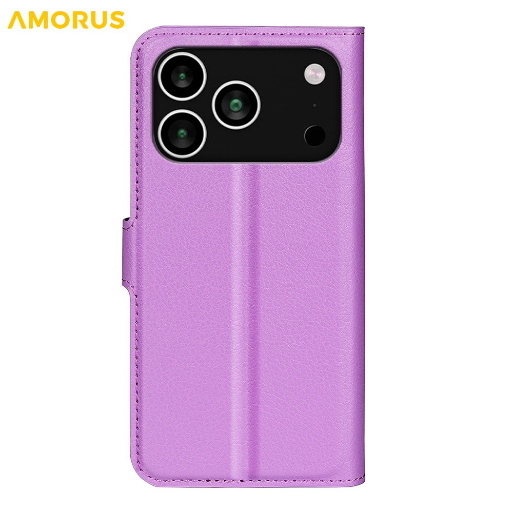 AMORUS For iPhone 17 Pro Max Wallet Case Litchi Texture Shockproof Leather Flip Stand Phone Cover - Purple