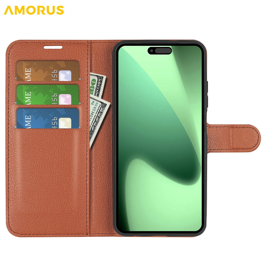 AMORUS For iPhone 17 Pro Max Wallet Case Litchi Texture Shockproof Leather Flip Stand Phone Cover - Brown