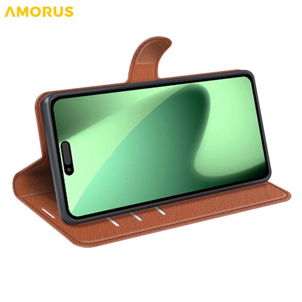 AMORUS For iPhone 17 Pro Max Wallet Case Litchi Texture Shockproof Leather Flip Stand Phone Cover - Brown