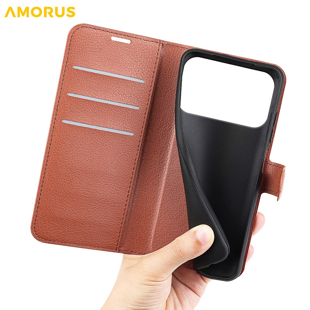 AMORUS For iPhone 17 Pro Max Wallet Case Litchi Texture Shockproof Leather Flip Stand Phone Cover - Brown