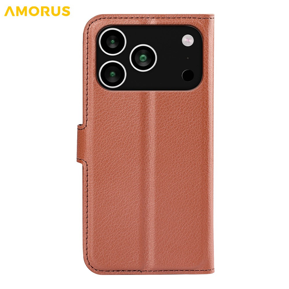 AMORUS For iPhone 17 Pro Max Wallet Case Litchi Texture Shockproof Leather Flip Stand Phone Cover - Brown