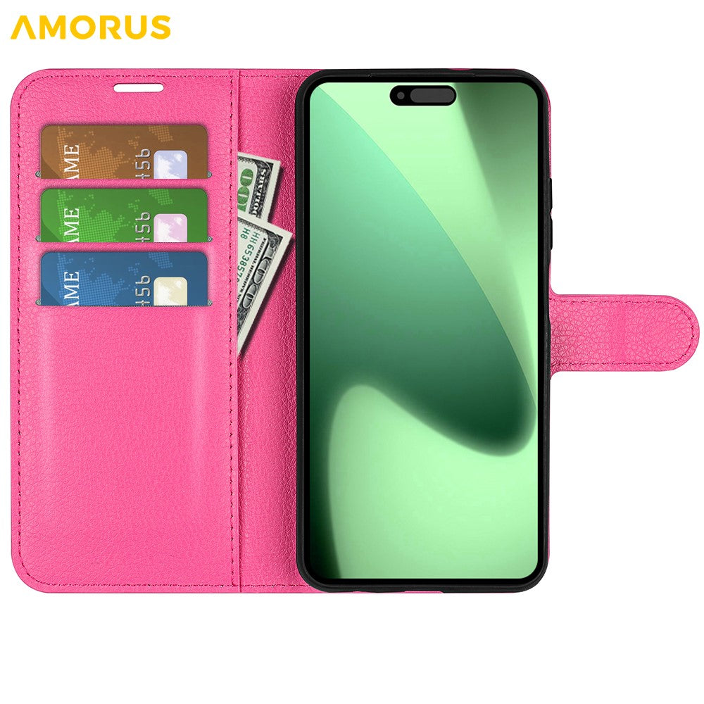 AMORUS For iPhone 17 Pro Max Wallet Case Litchi Texture Shockproof Leather Flip Stand Phone Cover - Rose