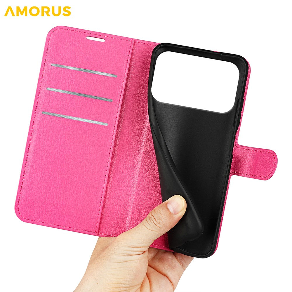 AMORUS For iPhone 17 Pro Max Wallet Case Litchi Texture Shockproof Leather Flip Stand Phone Cover - Rose