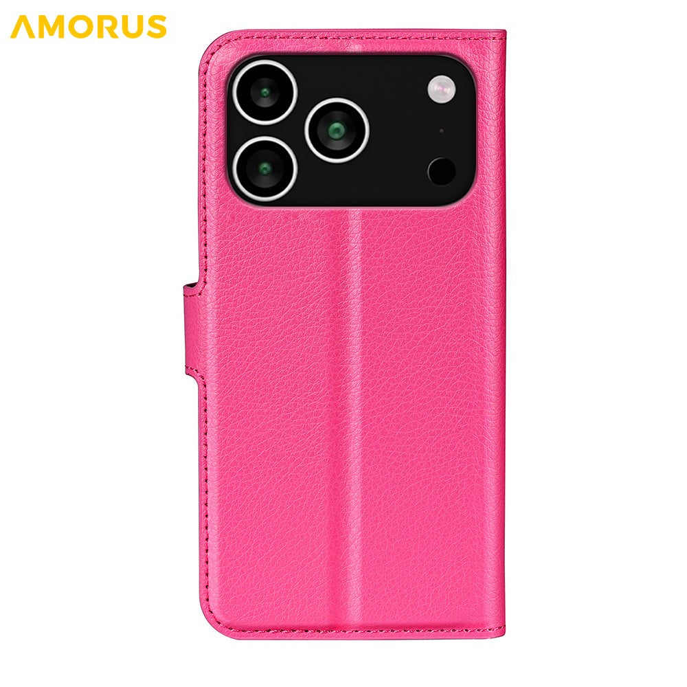 AMORUS For iPhone 17 Pro Max Wallet Case Litchi Texture Shockproof Leather Flip Stand Phone Cover - Rose