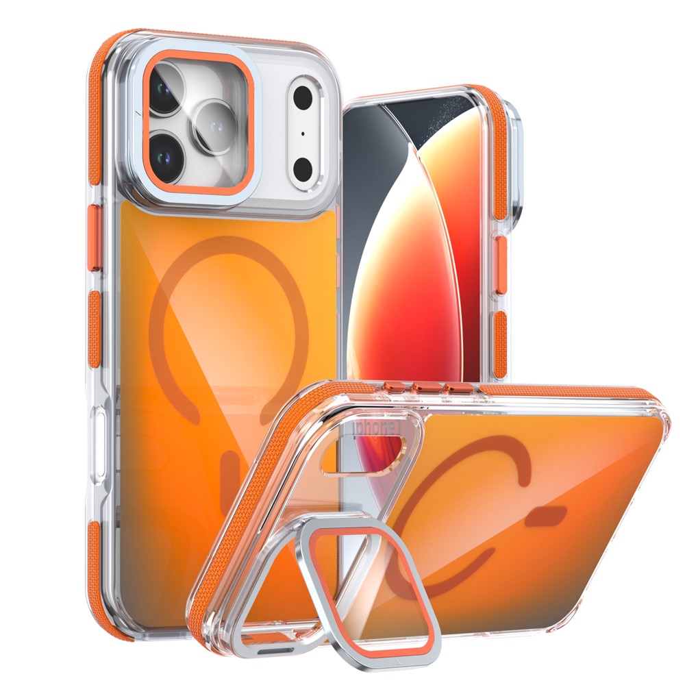 For iPhone 17 Pro Max Magnetic Case TPU Acrylic Phone Back Cover with Lens Film and Kickstand - Orange