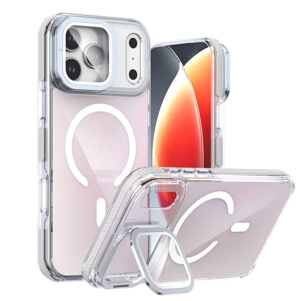 For iPhone 17 Pro Max Magnetic Case TPU Acrylic Phone Back Cover with Lens Film and Kickstand - White