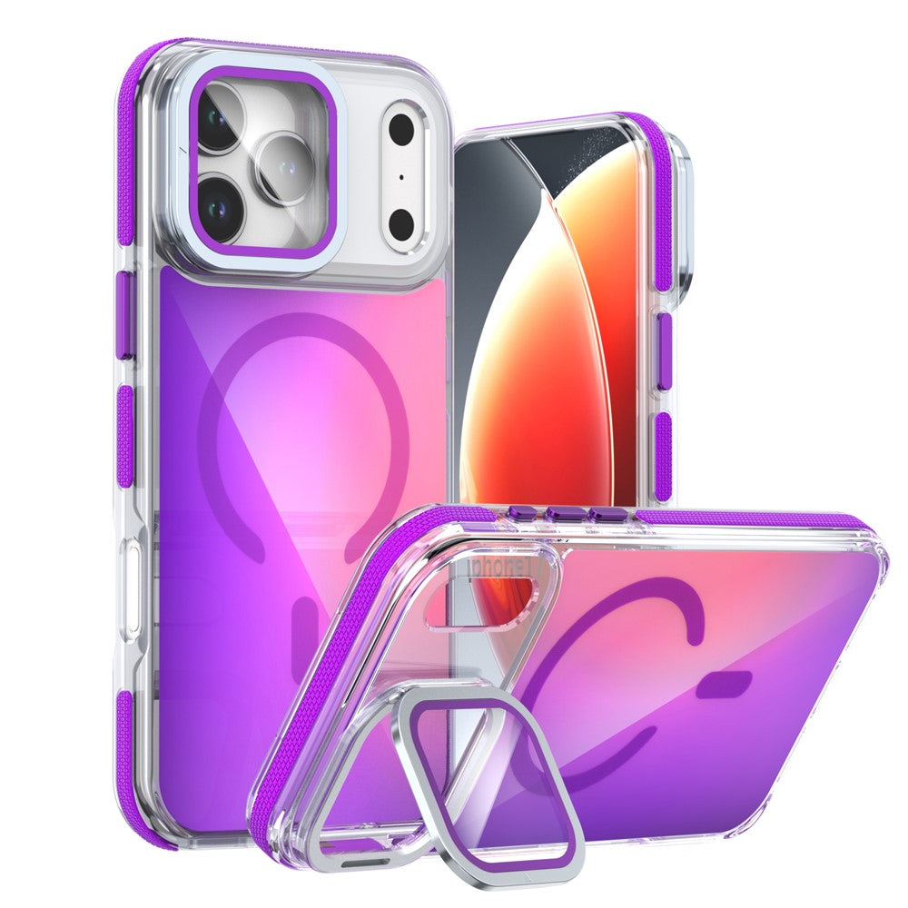 For iPhone 17 Pro Max Magnetic Case TPU Acrylic Phone Back Cover with Lens Film and Kickstand - Purple