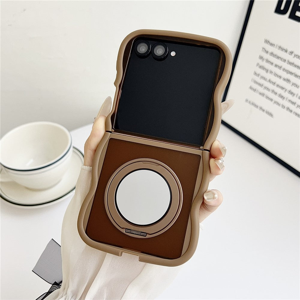 For Samsung Galaxy Z Flip7 5G Magnetic Case Mirror Rotating Kickstand Wave Edge TPU + PC Phone Cover - Desert Gold