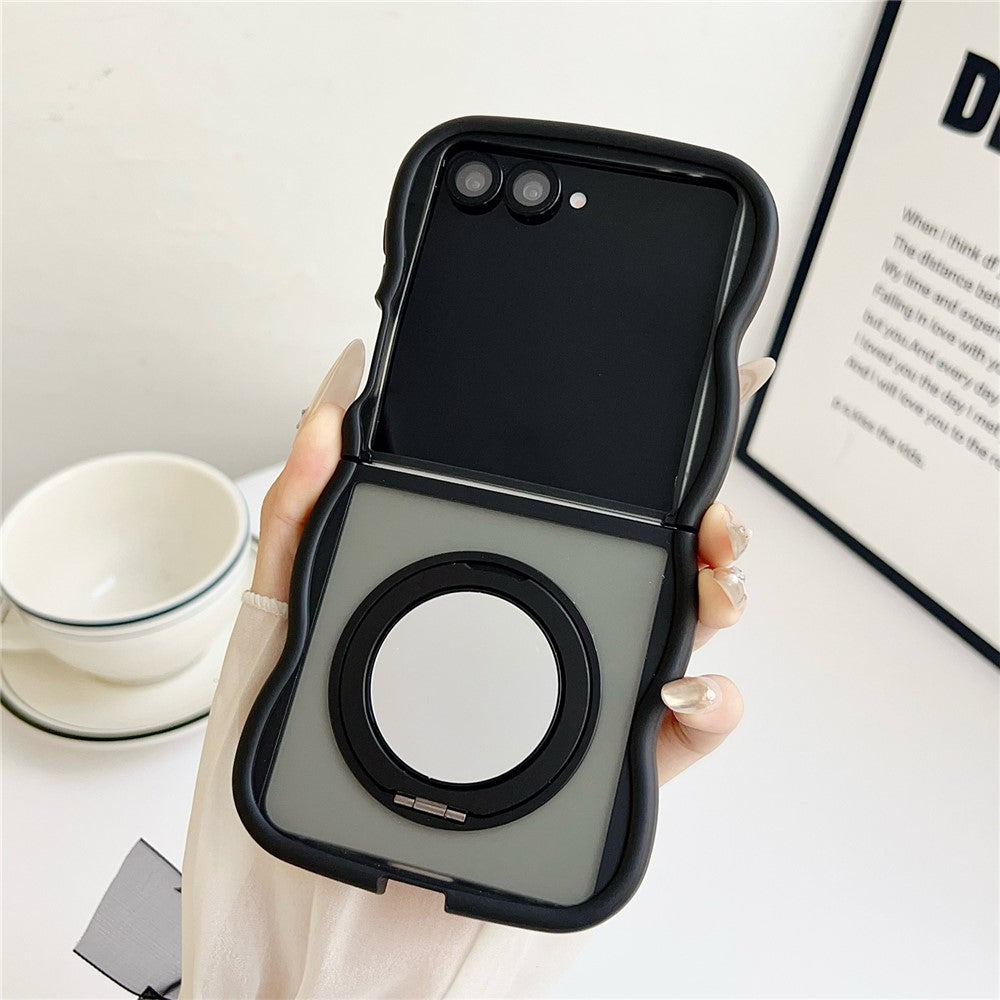 For Samsung Galaxy Z Flip7 5G Magnetic Case Mirror Rotating Kickstand Wave Edge TPU + PC Phone Cover - Black