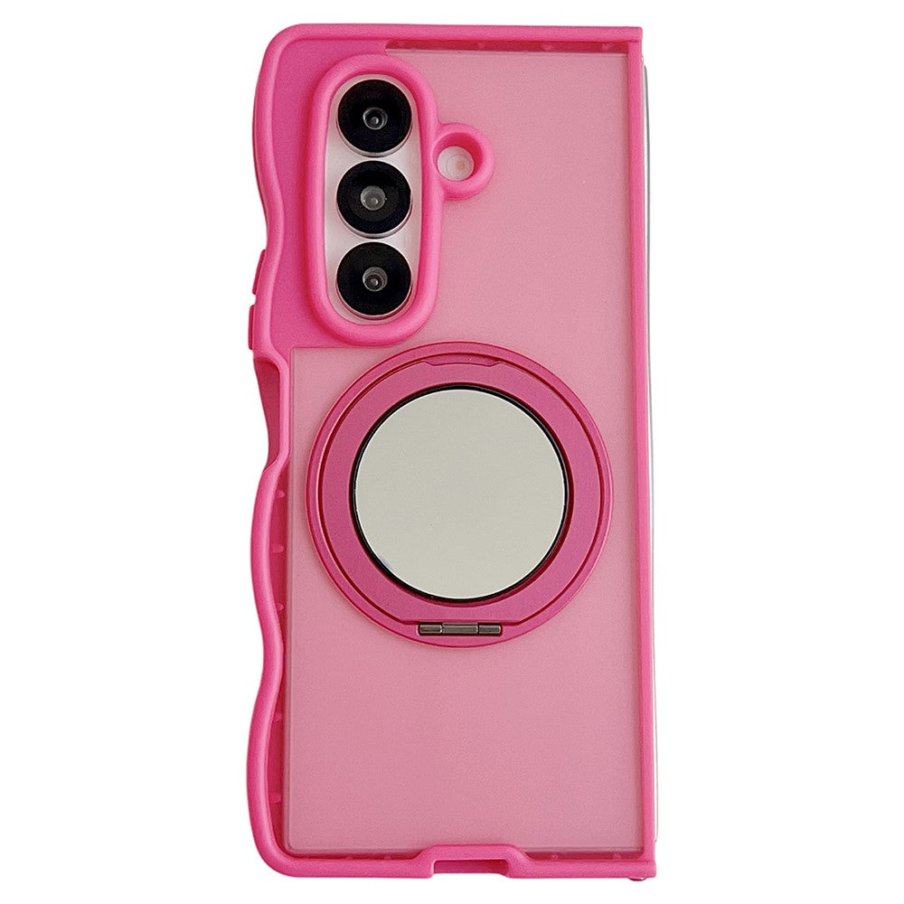For Samsung Galaxy Z Fold7 5G Magnetic Case Mirror Rotating Kickstand Wave Edge TPU + PC Phone Cover - Rose