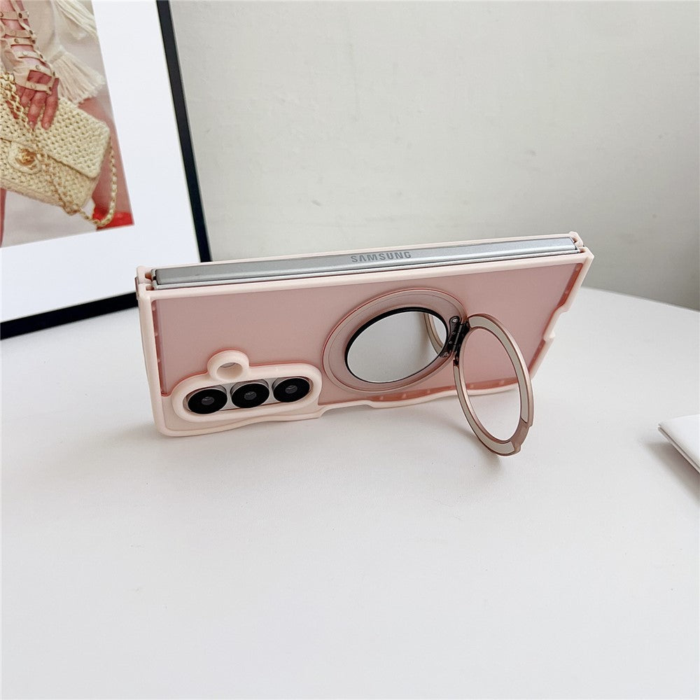 For Samsung Galaxy Z Fold7 5G Magnetic Case Mirror Rotating Kickstand Wave Edge TPU + PC Phone Cover - Rose