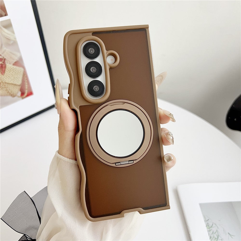 For Samsung Galaxy Z Fold7 5G Magnetic Case Mirror Rotating Kickstand Wave Edge TPU + PC Phone Cover - Desert Gold
