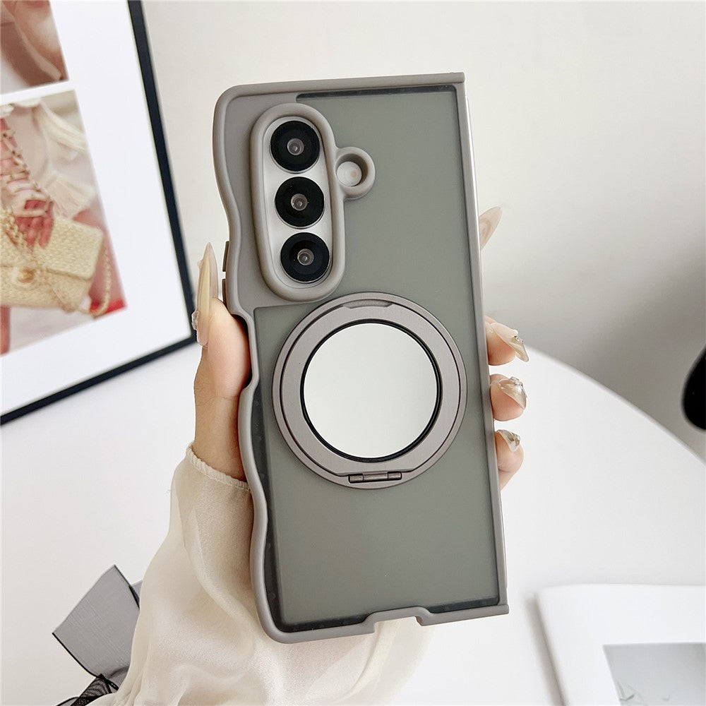 For Samsung Galaxy Z Fold7 5G Magnetic Case Mirror Rotating Kickstand Wave Edge TPU + PC Phone Cover - Grey