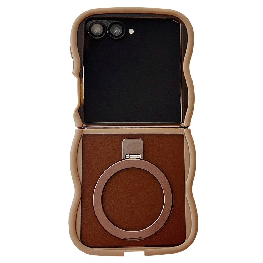 For Samsung Galaxy Z Flip7 5G Magnetic Case Kickstand Skin-Touch Wave Edge TPU + PC Phone Cover - Desert Gold