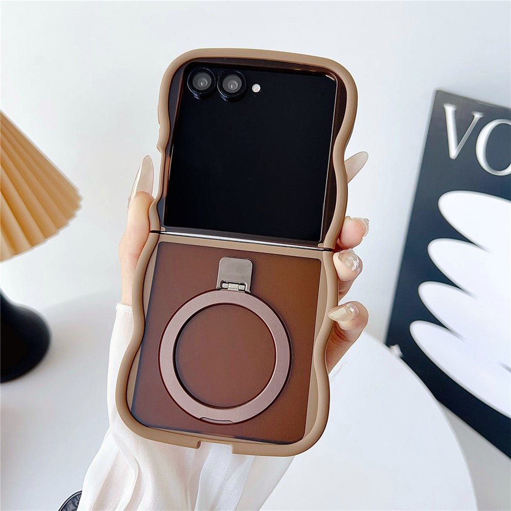 For Samsung Galaxy Z Flip7 5G Magnetic Case Kickstand Skin-Touch Wave Edge TPU + PC Phone Cover - Desert Gold