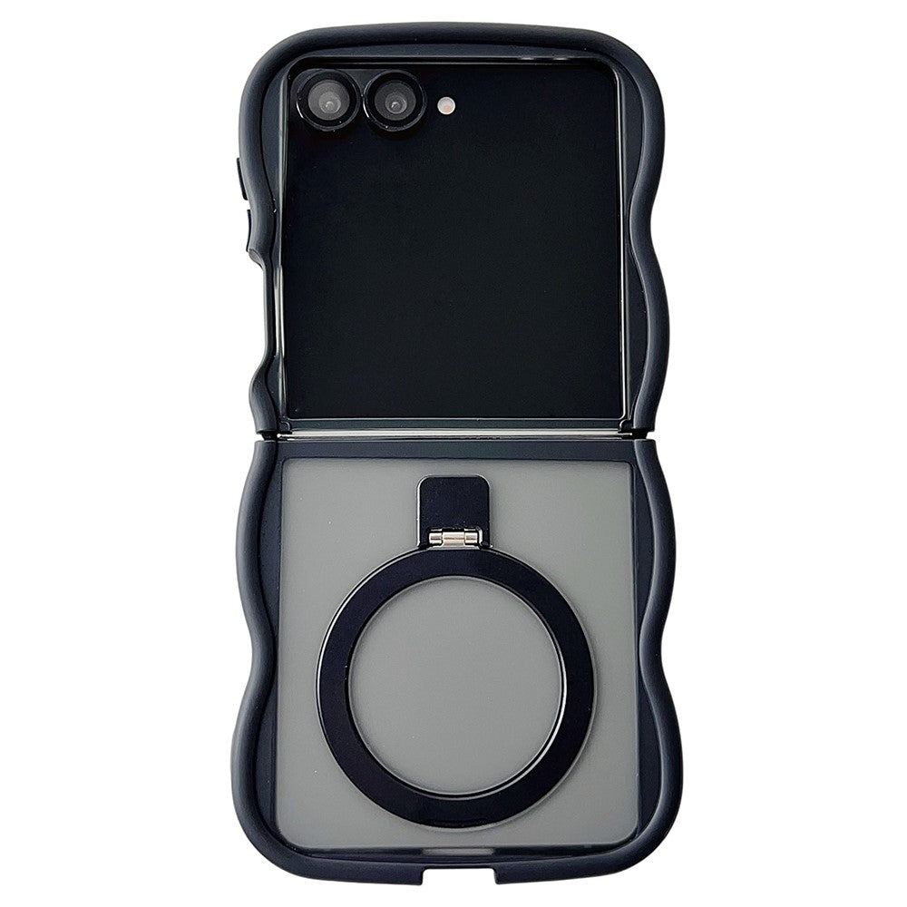 For Samsung Galaxy Z Flip7 5G Magnetic Case Kickstand Skin-Touch Wave Edge TPU + PC Phone Cover - Black