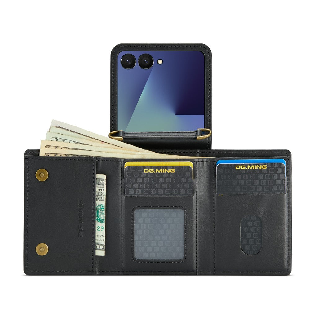 DG.MING M6 Series For Samsung Galaxy Z Flip7 5G Foldable Case PU + PC Phone Cover with Wallet / Shoulder Strap - Black