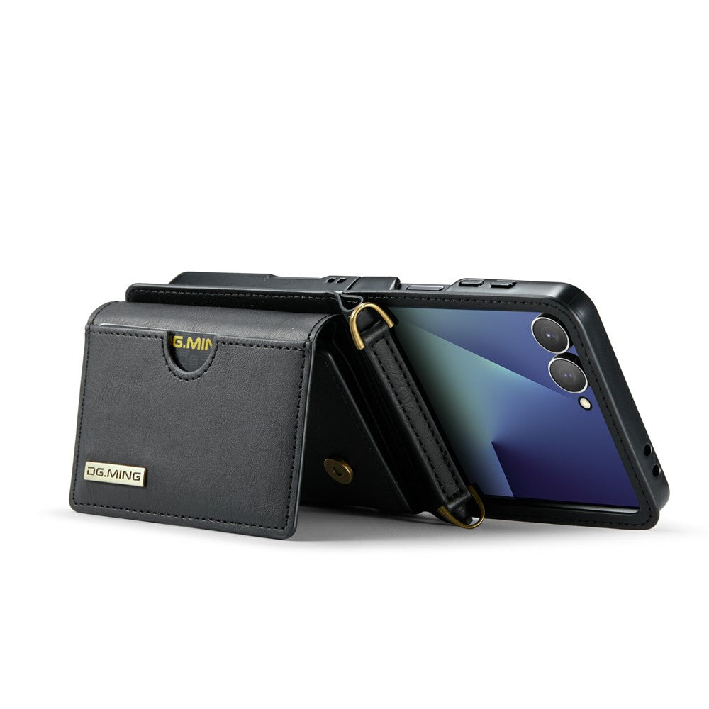 DG.MING M6 Series For Samsung Galaxy Z Flip7 5G Foldable Case PU + PC Phone Cover with Wallet / Shoulder Strap - Black