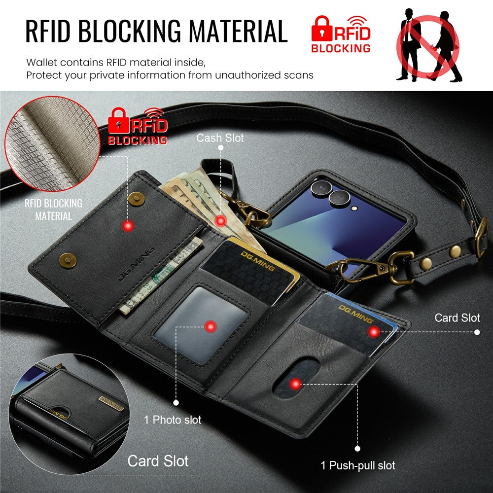 DG.MING M6 Series For Samsung Galaxy Z Flip7 5G Foldable Case PU + PC Phone Cover with Wallet / Shoulder Strap - Black