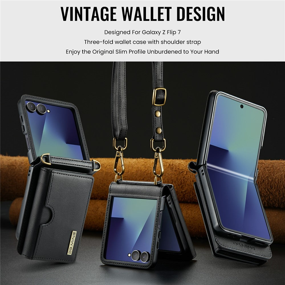 DG.MING M6 Series For Samsung Galaxy Z Flip7 5G Foldable Case PU + PC Phone Cover with Wallet / Shoulder Strap - Black